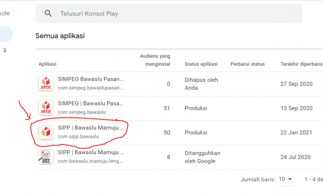 Dasbor Daftar Aplikasi untuk update Aplikasi di Google Play